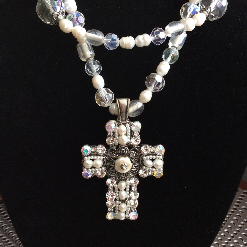 Double strand pearl and crystal cross necklace